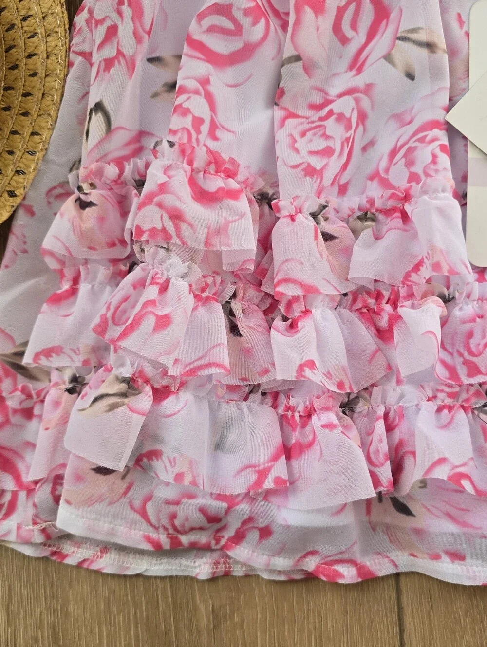 Blueberi Baby Girls Pink Rose Floral Ruffle Dress with Matching Sun Hat Size 18M